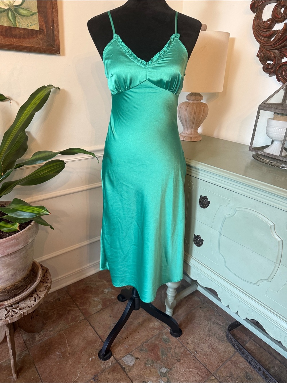 Japna Green Satin Midi Slip Dress